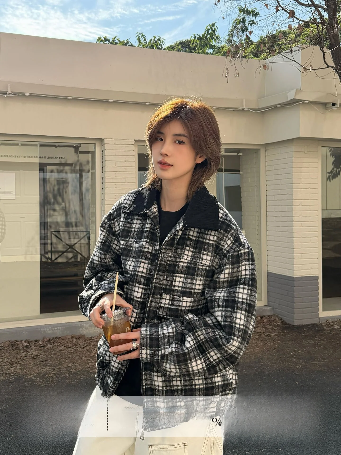 

Унисекс хлопковая куртка в клетку, короткая, плюшевая, для пар, в университетском стиле, черно-белая, с принтом Night Owl Avoidance, без указания пола