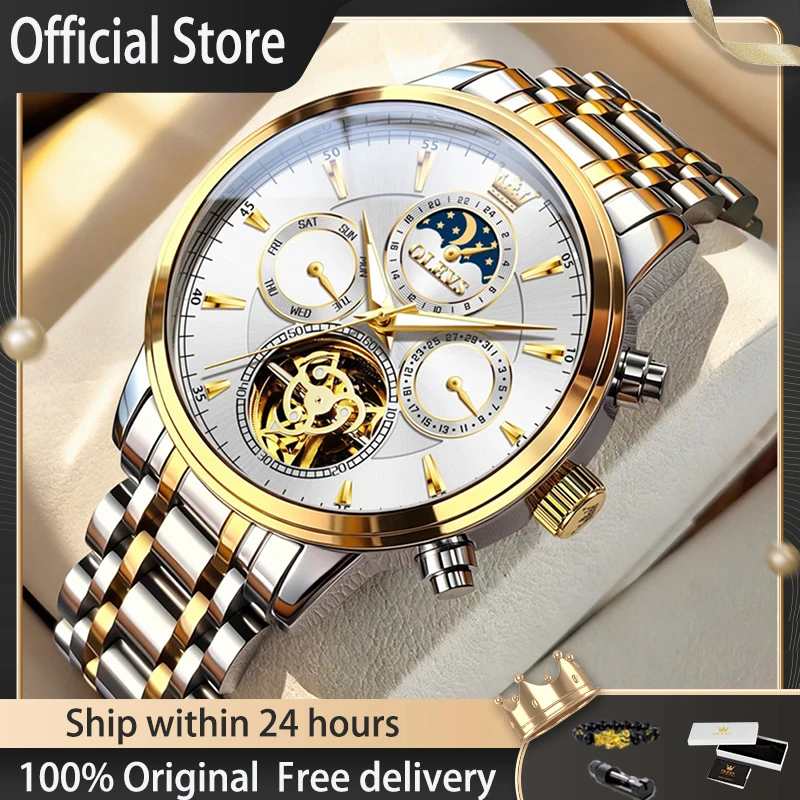 OLEVS 6746 Watches Man Luxury Original Business Mechanical Wristwatches Waterproof Luminous Date Moon Phase Watches For Man Gift