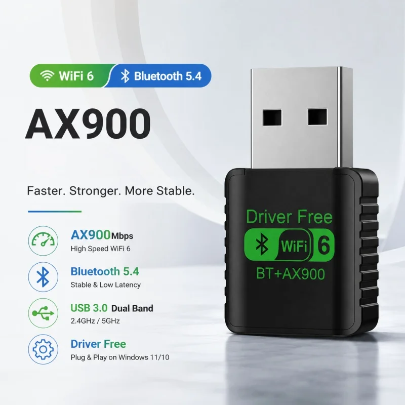 2-in-1 AX900 Bluetooth 5.4 USB Adapter Wireless Network Card WiFi 6 Dual Band 2.4G & 5GHz Wireless Receiver For PC Laptop