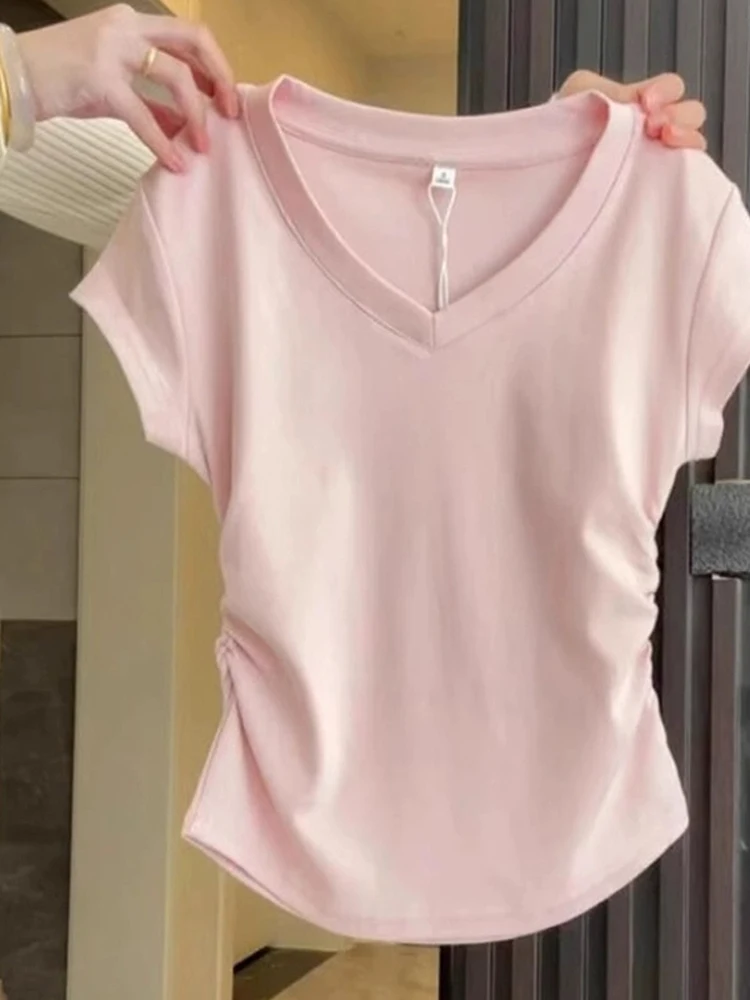 

Женская летняя футболка Slim Fit с V-образным вырезом, из чистого хлопка, повседневный топ с коротким рукавом, укороченная, в корейском стиле, плотная ткань