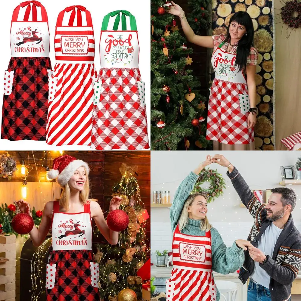 

3-Piece Women's Christmas Kitchen Aprons with Pockets, Cotton Plaid, Adjustable for Cooking & Baking Festivities