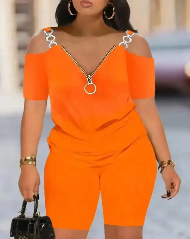 Women Two Piece Sets Short Pants Set Solid V Neck Zipper Elegant Splice Tops High Waist Casual Slim Fit Pant Matching Sets
