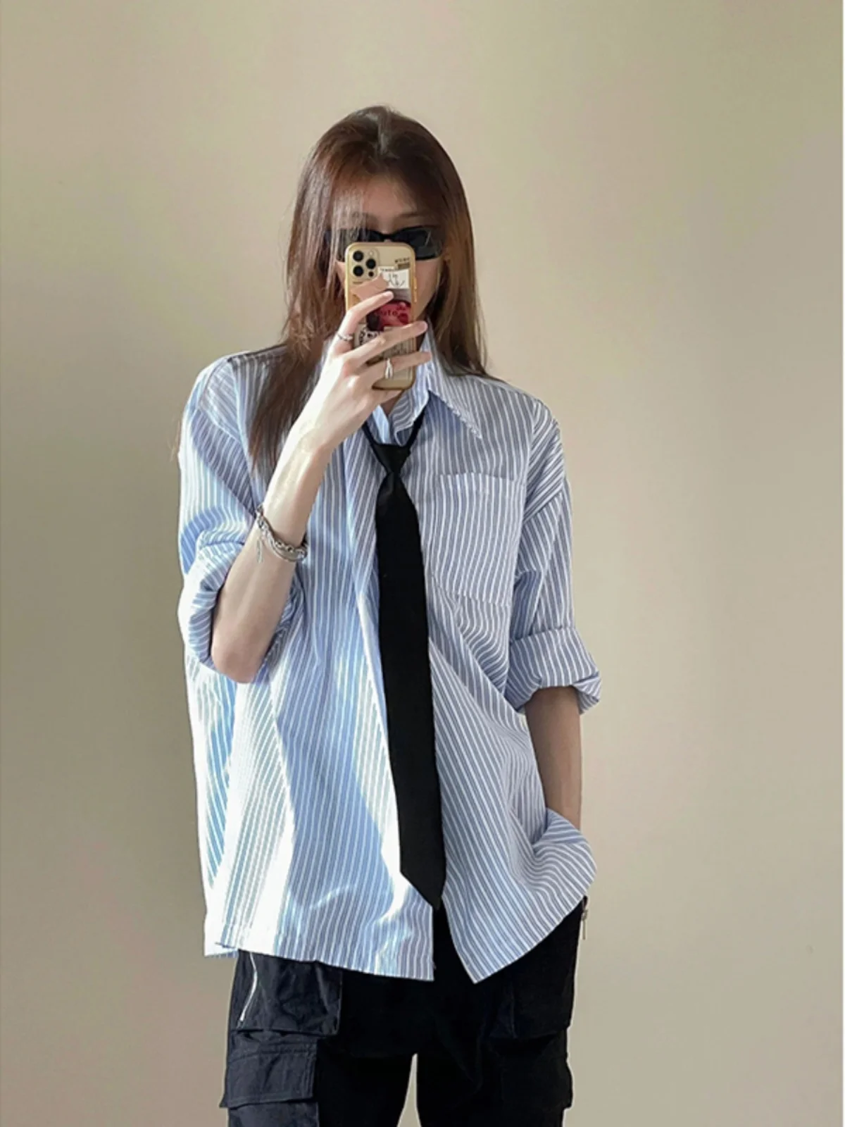 

Blue Striped Casual Long Sleeve Men's Shirt Spring Fashion Trend Brand College Style Outerwear Polyester Fiber Loose Fit