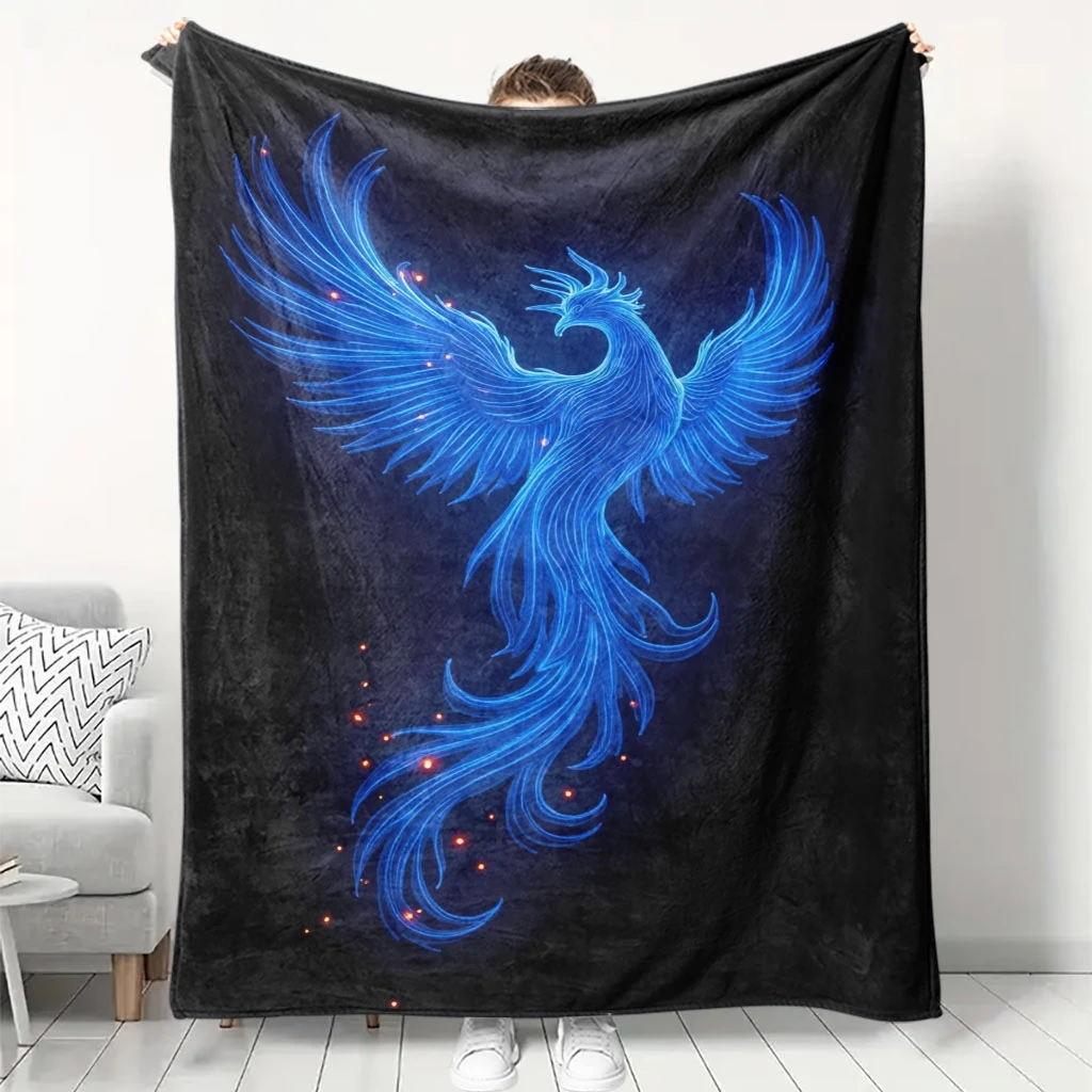 Black Base Glowing Blue Line Phoenix Spark Particle Full Print Fluffy Throw Blanket, Warm Soft Couch Myth Fantasy Home Gift