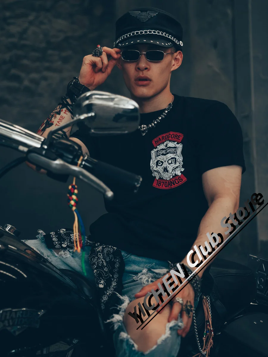

American Retro Cotton Niche Punk Street Motorcycle T-Shirt, Locomotive Racing European American Trend Men's And Women's T-Shirts