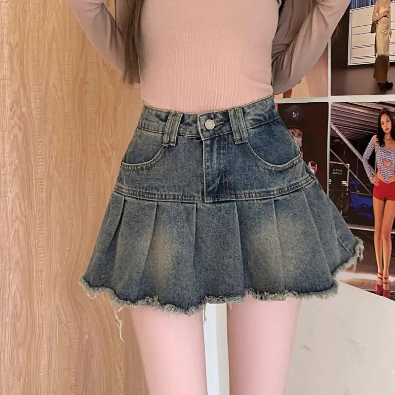 DEEPTOWN Vintage Pleated Denim Skirt Women Korean Fashion High Waist Patchwork Distressed Sexy Mini Jeans Skirt 2024 Summer