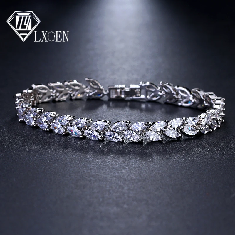 Trendy Leaf Charm Cubic Zirconia Bracelet & Bangles for Bride Bracelets Jewelry Sliver Color Clear CZ Crystal Bangles for Women