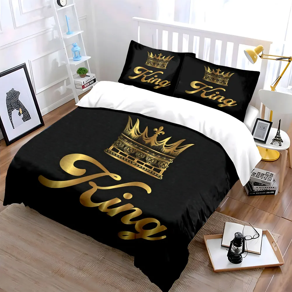 Golden crown with elegant typography Duvet Cover Set with 3D Printing Design Soft Polyester Bedding Set All-Season Comfort