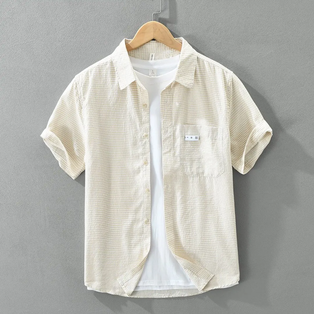 

2026 Summer New Short Sleeve Shirt for Men Casual Turn-down Collar Plaid Shirts Male Plus Size Clothes