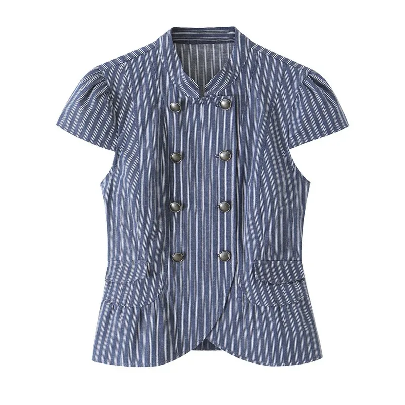 2026 Womens Minimalist Striped Stand Collar Short Sleeve Summer Top Blouse