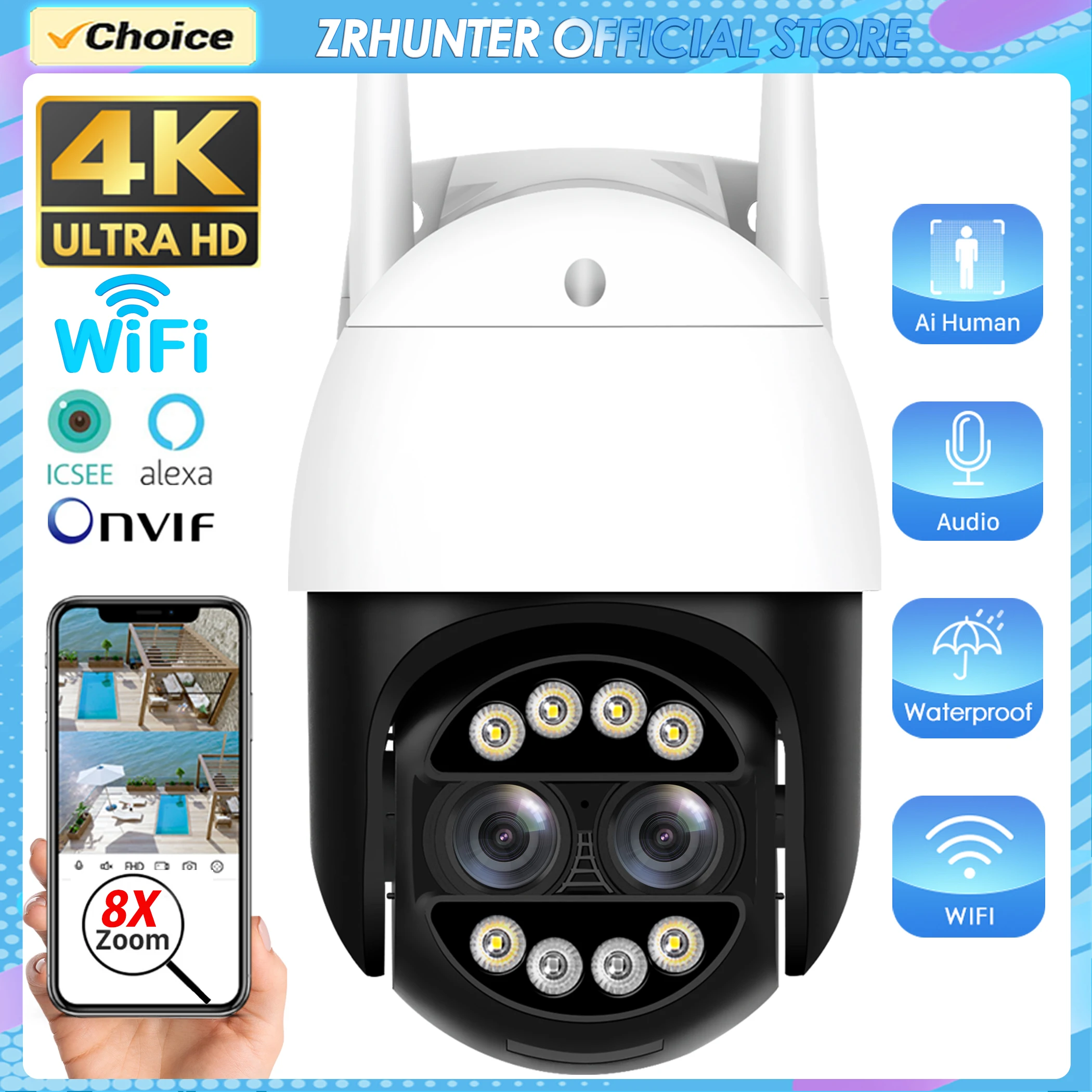 

Камера видеонаблюдения, 8 Мп, 4K, PTZ, Wi-Fi, 8-кратный зум, двойной объектив