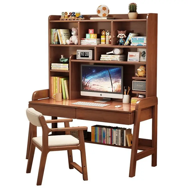 

Solid wood desk bookshelf integrated lifting student study table household computer table bedroom Nordic simple writing table
