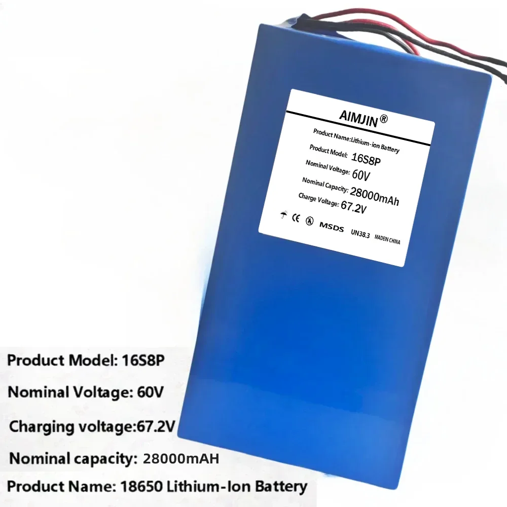 100% New 60V 28Ah 18650 16S8P lithium battery pack, battery 3000W high power rechargeable battery + 67.2V charger,