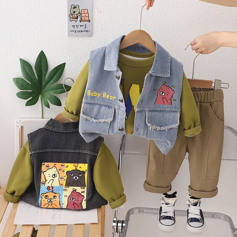 

Boys Clothing Sets Spring Autumn 2025 Children Denim Vest Sweatshirts Tops Pants 3pcs Suit For Baby Tracksuits Kids Outfits 4 5Y