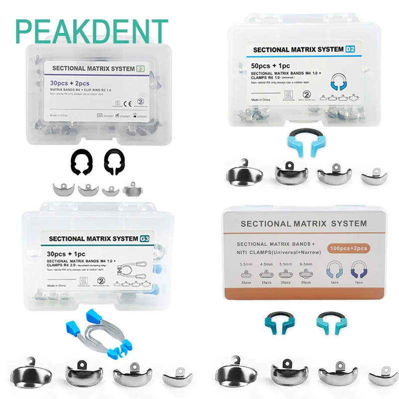 

1 коробка зуботехнических матричных лент, секционная контурная матричная система, металлические матрицы, матричный кольцевой держатель, стоматологические зажимные кольца, инструменты