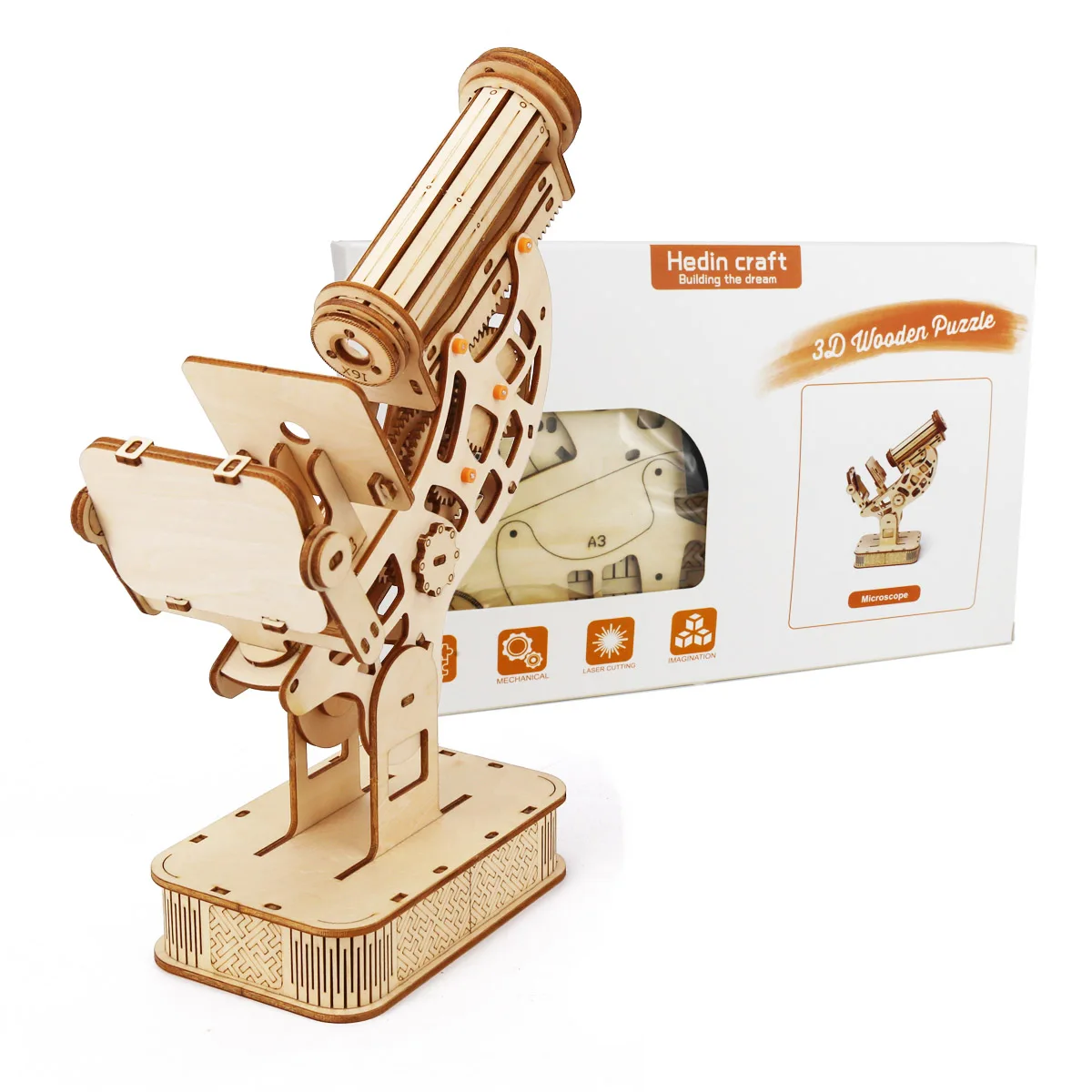 Educational Biological Microscope Wooden Mechanical 3D Puzzle Stem Kits With Slides Optical 160X Magnification For Kids Adult