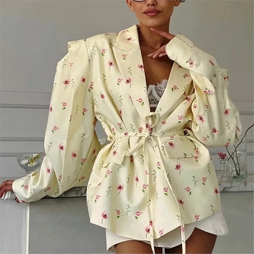 Women Fashion Printed Loose Suit Collar Lace-up Waist Suit Jacket New Spring Autumn Casual Loose Elegant Female Office Coat 2025