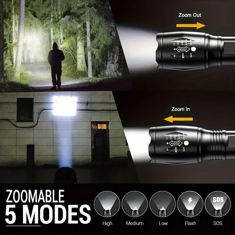 2pcs  Flashlights High Lumen Tactical Flashlights with 5 Modes Waterproof & Zoomable Portable Torch for Camping Hiking Outdoor