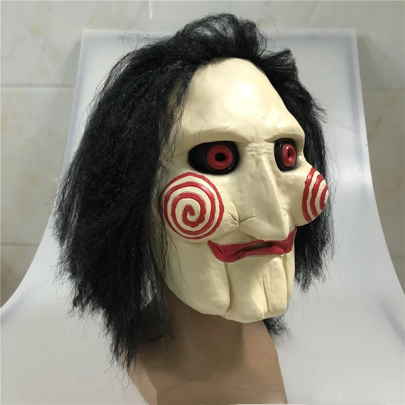 Movie Saw Chainsaw Massacre Jigsaw Puppet Masks With Hair Latex Creepy Halloween Horror Scary Mask Wig Unisex Party Cosplay Prop