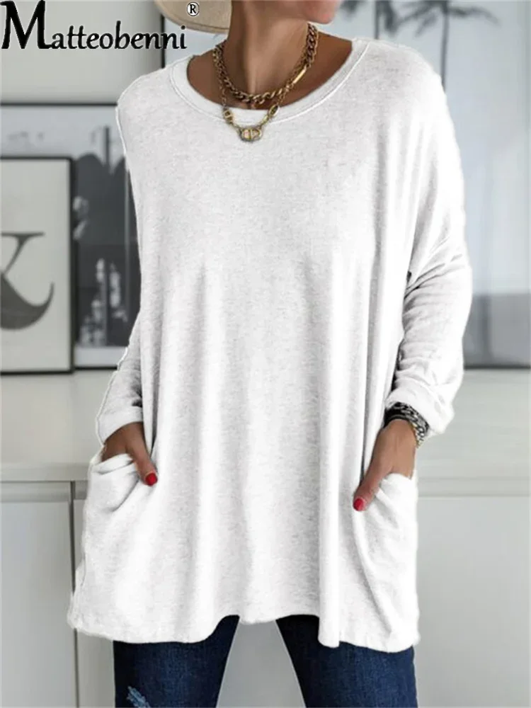 2024 Women Autumn Fashion Tunic Top Pocket Solid Color Loose Round Neck Long-sleeved T-Shirt Streetwear Casual Vintage Pullovers