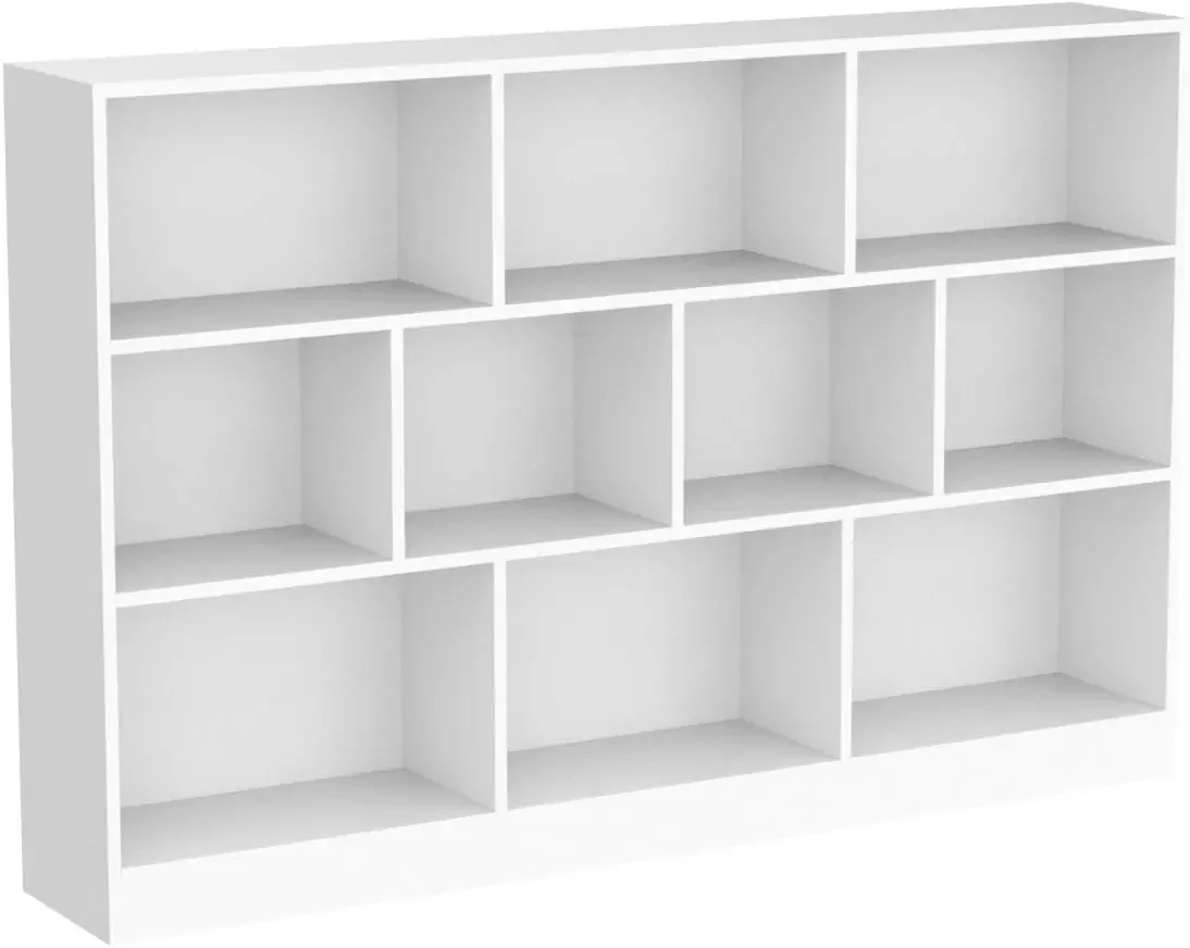 خزانة كتب منخفضة ذات رف مفتوح - منظم خزانة عرض خشبي قائم بـ 3 طبقات مع قاعدة، رف كتب أفقي قصير 10 مكعبات