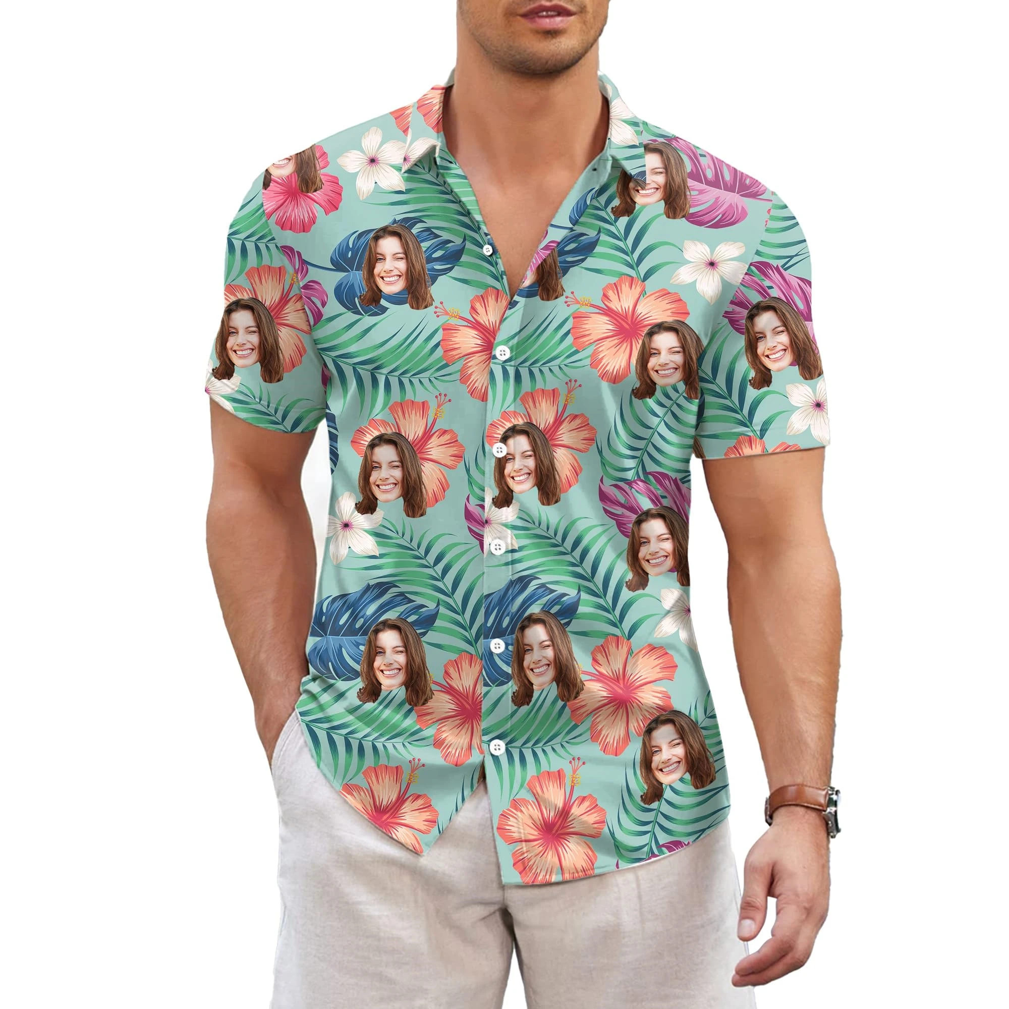 Hot Personalized Hawaiian Shirt with Face Photo Custom Funny Hawaiian Button Down T-Shirt Customized Gifts for Men Women