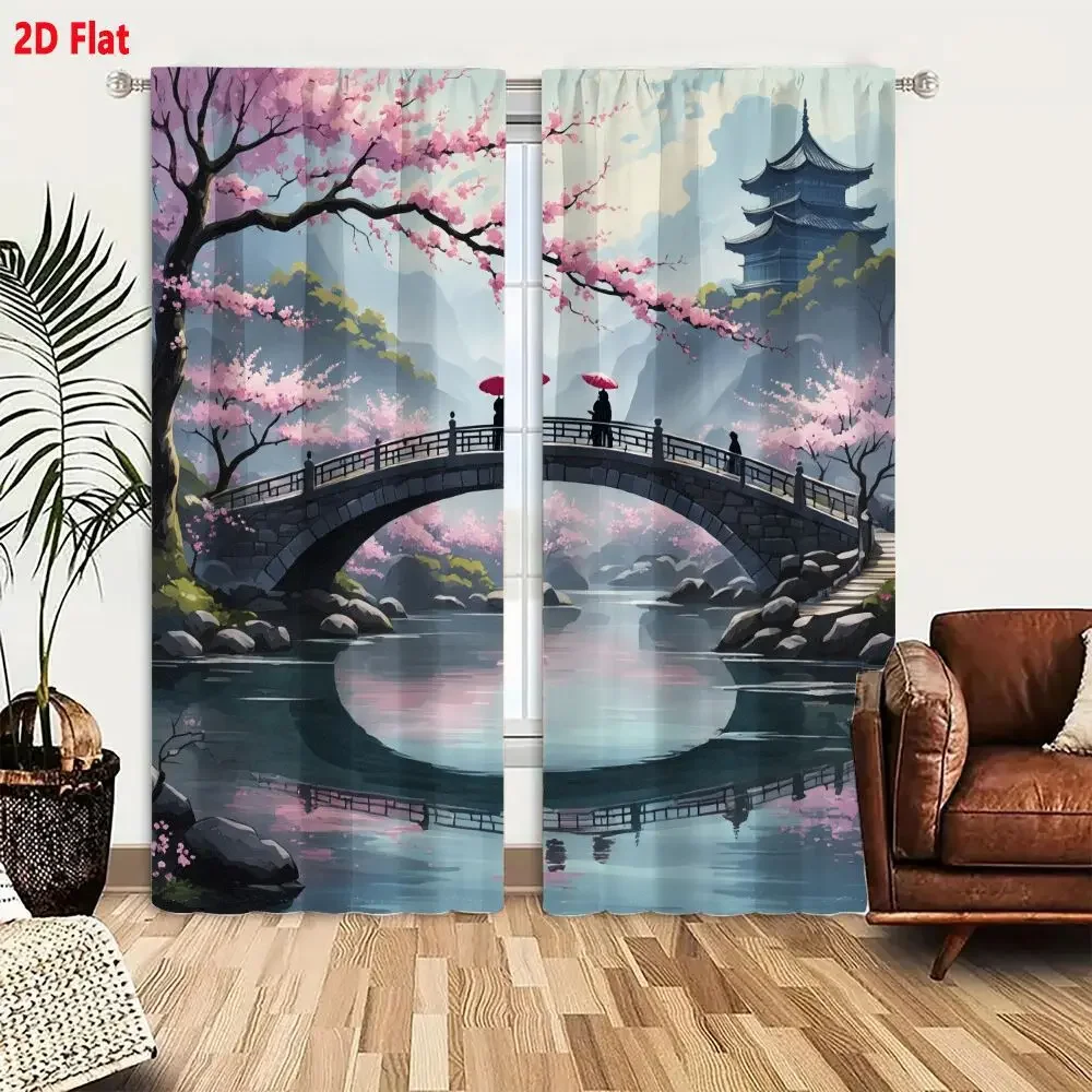 Beautiful Pink Cherry Blossom Bridge Landscape Curtain for Living Room Home Decor Window Treatment