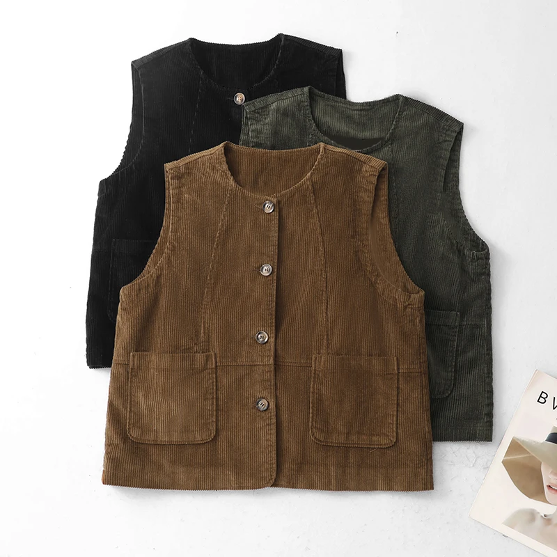 Women's Loose Fit Corduroy Vest Double Pocket Striped Shoulder Top Fashionable Versatile Retro Style Outerwear Casual Wear