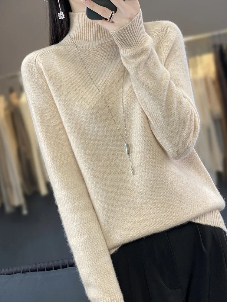 Fashion Basic Autumn Winter Merino Wool Sweater Mock Neck Cashmere Pullover Solid Color Soft Long Sleeve Basic Clothing Tops