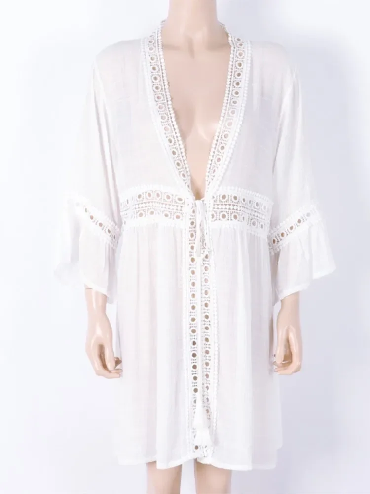 

Summer Cover Ups Women Swimsuit Wrist Sleeve Robes Bathing Suit 2025 New White Beach Holiday Mini Dresses Cover-Up
