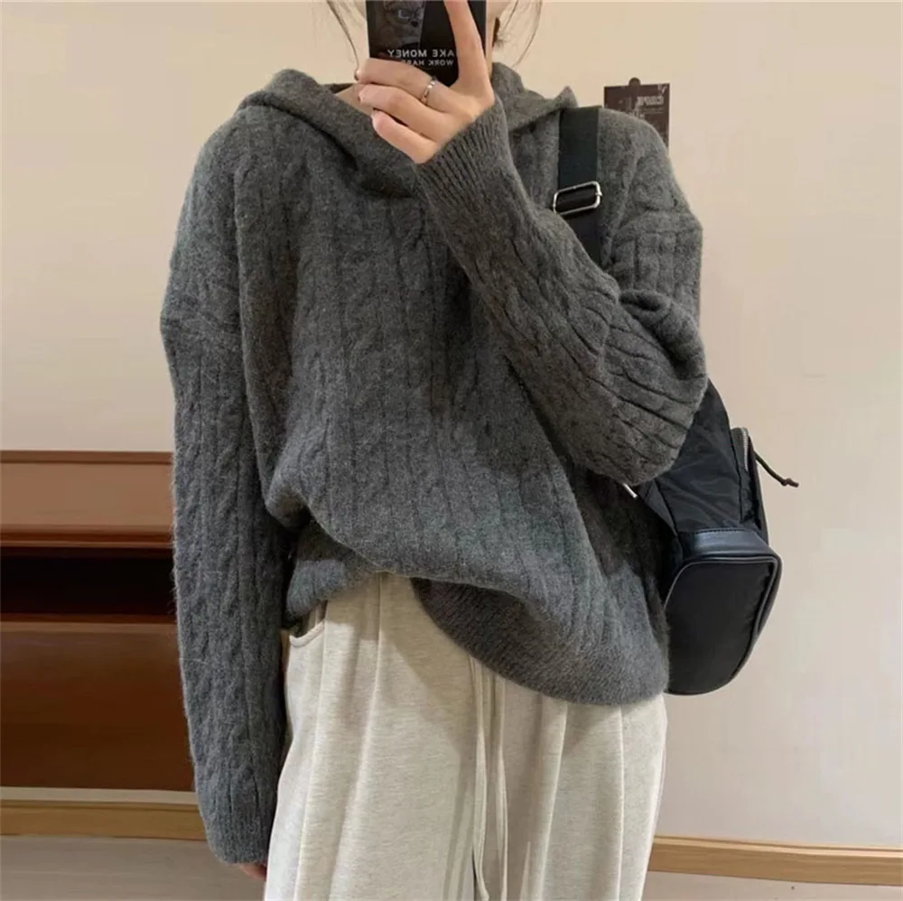 

Long Sleeve Solid Jumper Knitted Women Clothing Hooded Sweaters Spliced Loose Fit Slight Strech Pullovers Basics 2024 Autumn