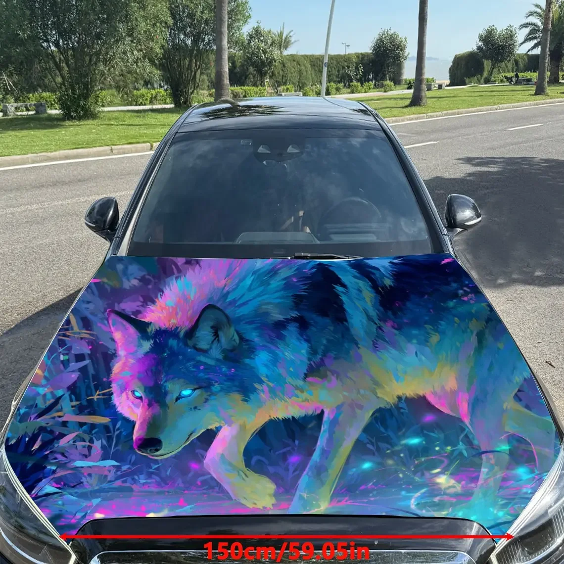 Neon Colorful Spirit Wolf Car Vinyl Wrap, PVC Material Waterproof Car Hood Sticker, Self-Adhesive Scratch-Resistant Stickers for