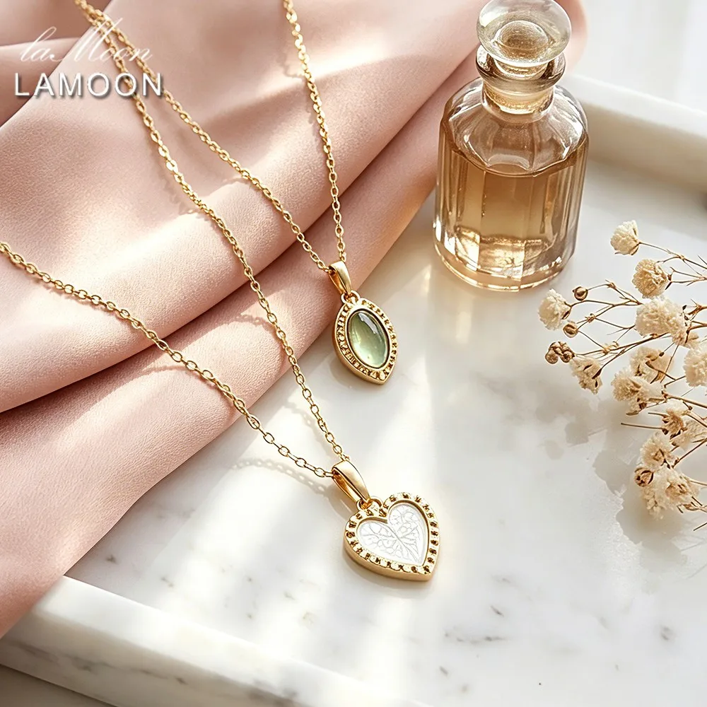 LAMOON Nautural Gemstone White Shell Pendant Necklaces For Women Heart Shape 925 Sterling Silver Gold Plated Fine Jewelry Dainty