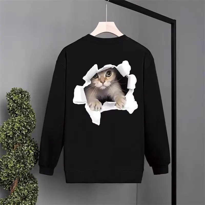 2024Cotton Flannel Niche Design Trendy Brand Cat Printed Hoodie for Men and Women, Autumn and Winter Loose Long Sleeves