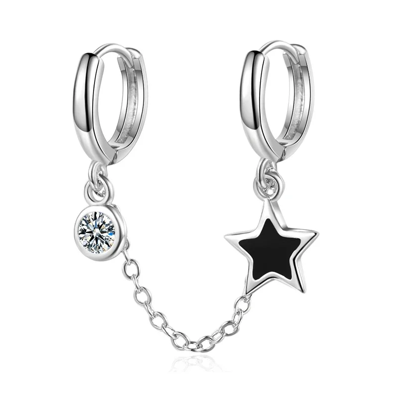 Pendientes de aro con dos orificios para la oreja para mujer, aretes de cadena con borla de pentagrama negro, estrella de cristal, pendientes