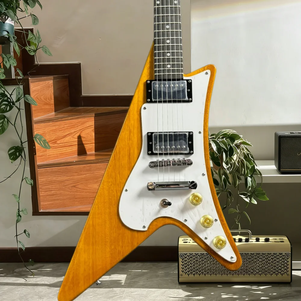 

Желтая электрогитара V-образной формы, гриф из палисандра, корпус из красного дерева, 22 лада, HH-звукосниматели, фиксированный бридж, для рок-музыки, бесплатная доставка