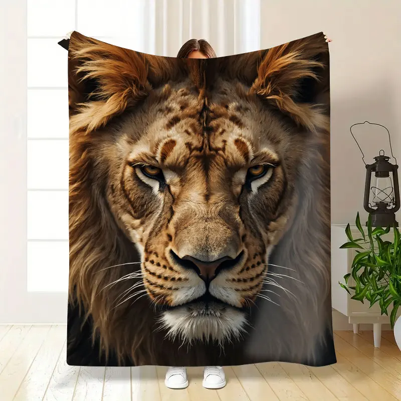 1 قطعة بطانية الفانيلا الأسد الوجه طباعة بطانية مريحة لينة لديكور المنزل والاسترخاء #5