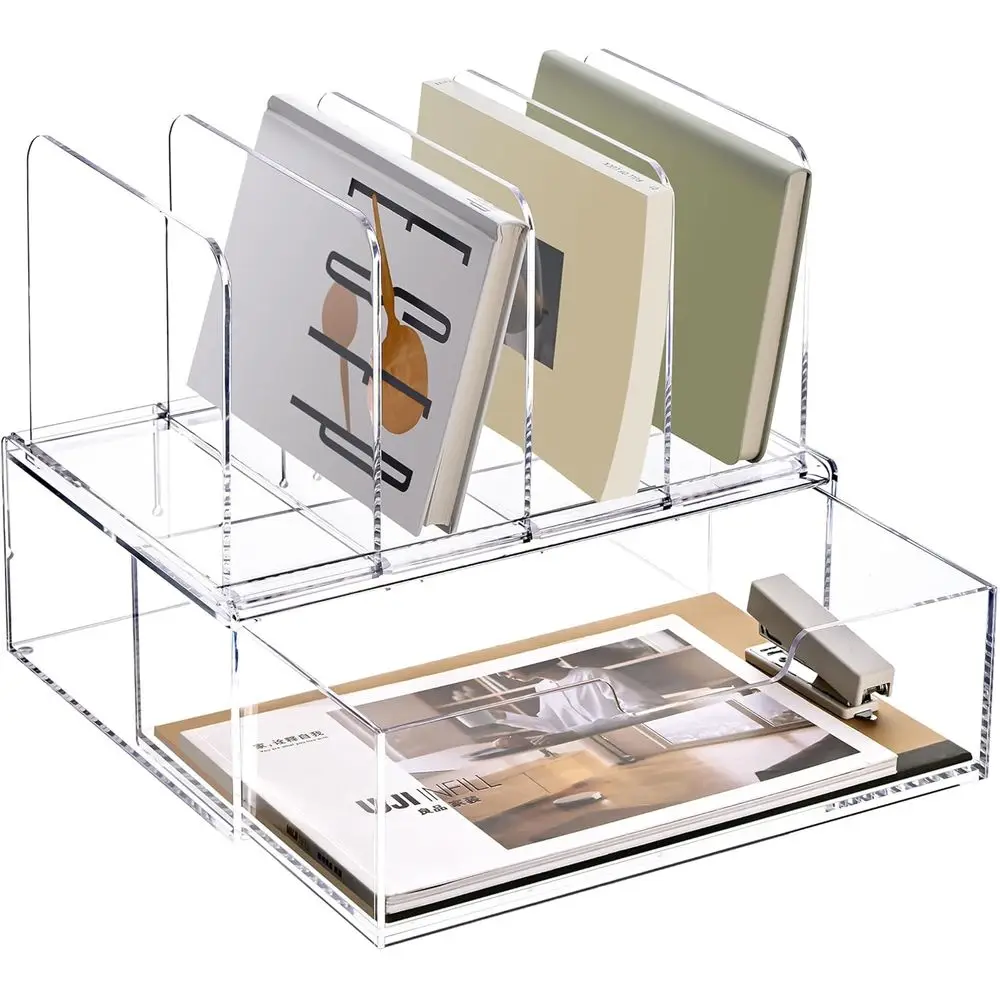 

Acrylic Desk Organizer with 4 Pen Holders and 1 Slide-Out Drawer for Office and School Supplies, Clear