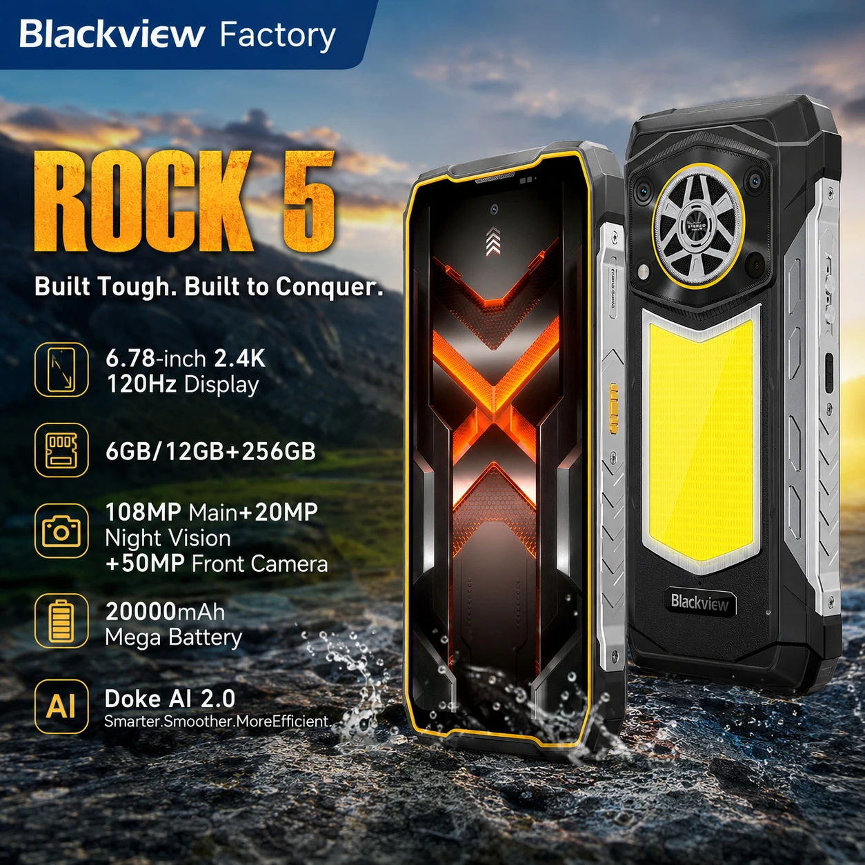 Blackview ROCK 5 4G Rugged Smartphone Android 16 6.78'' 2.4K Display Camping Lantern 12GB+256GB 20000mAh 108MP NFC Mobile Phone
