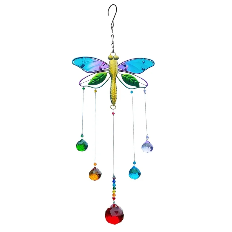 Atrapasueños de cristal de mariposa de libélula, Prisma colgante para ventana, decoración de arte de pared interior y exterior para jardín