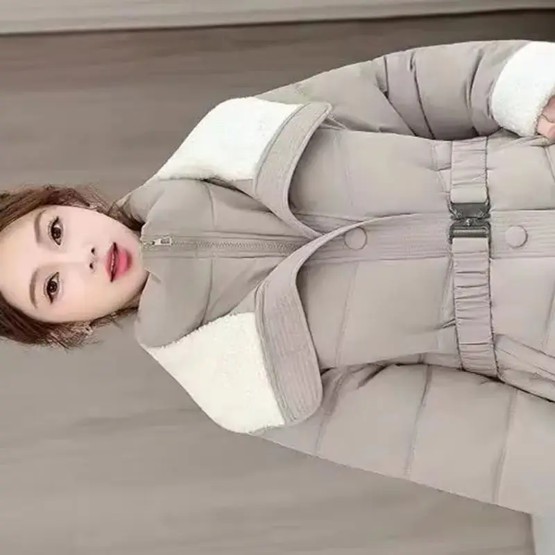 

Хлопковая куртка с короткими лацканами, парка для женщин, осень-зима, пуховое хлопковое пальто из овечьей шерсти, модная хлопковая верхняя одежда с завязкой на талии, топ