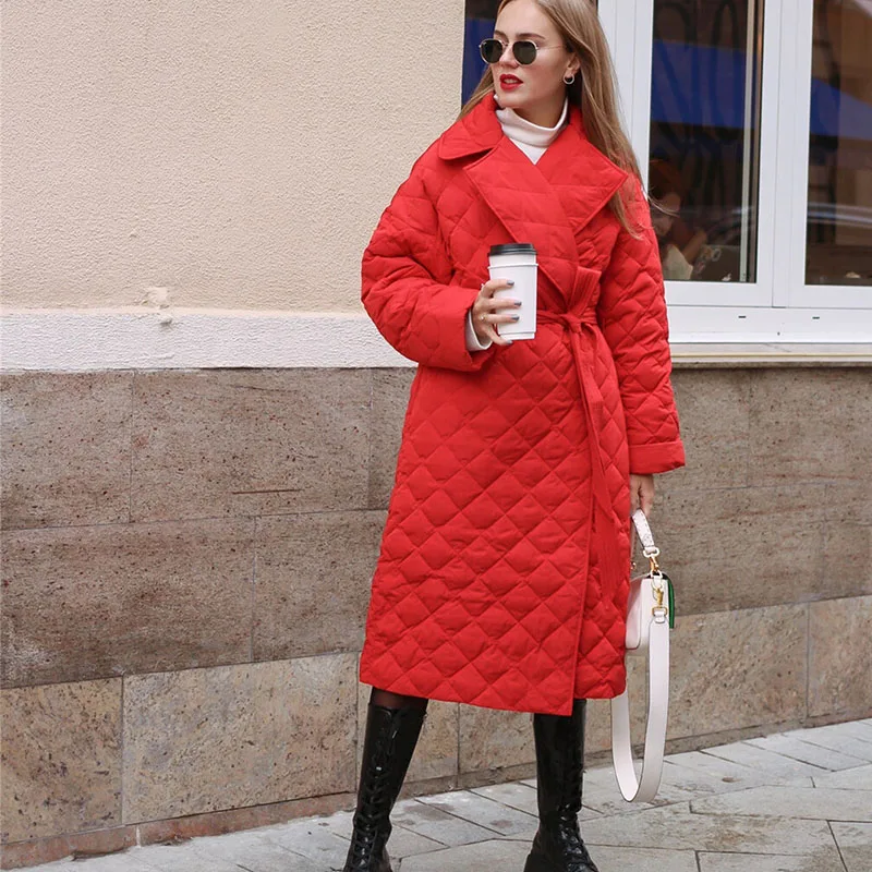 Fashion Rhombus Pattern Warm Paka Winter Outwear Women Clothing Turn Down Collar Long Sleeve Sashes Casual Parkas Long Coats