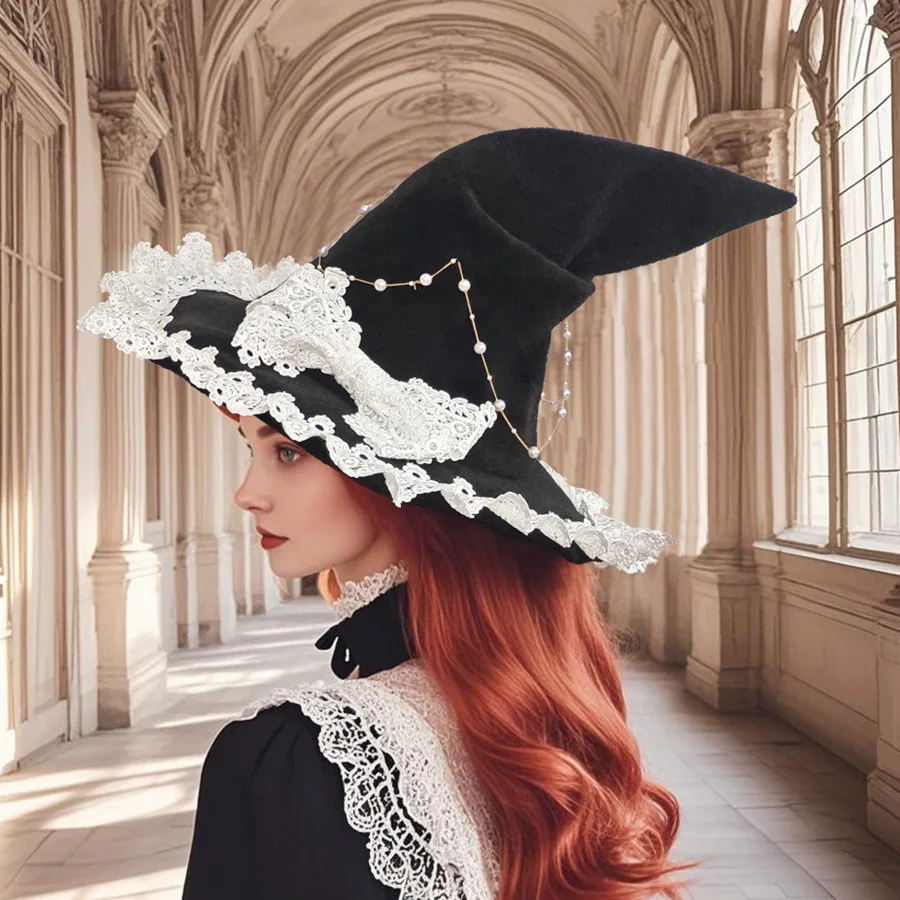 Gothic Lolita Witch Hat Lace Ruffle Bow Star Chain Decor Y2K Style Cosplay Role‑Play Headwear Photo Prop Dress‑Up Accessory