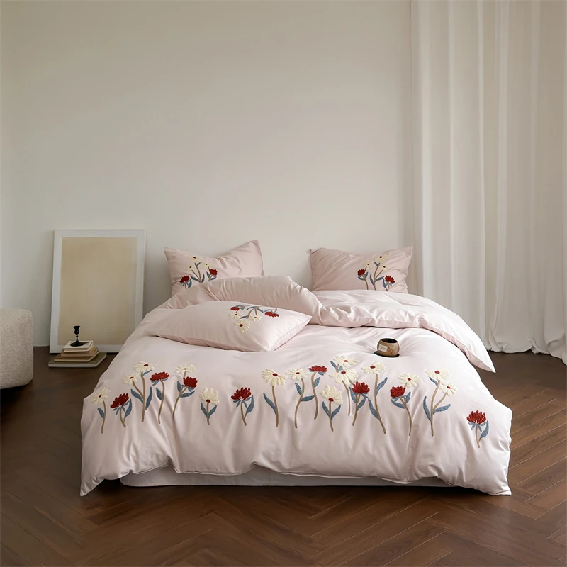 Flowers Towel Embroidery Bedding Set 100% Cotton Brushed Single Queen King Size Duvet Cover Flat/Fitted Sheet Pillowcases 3/4Pc