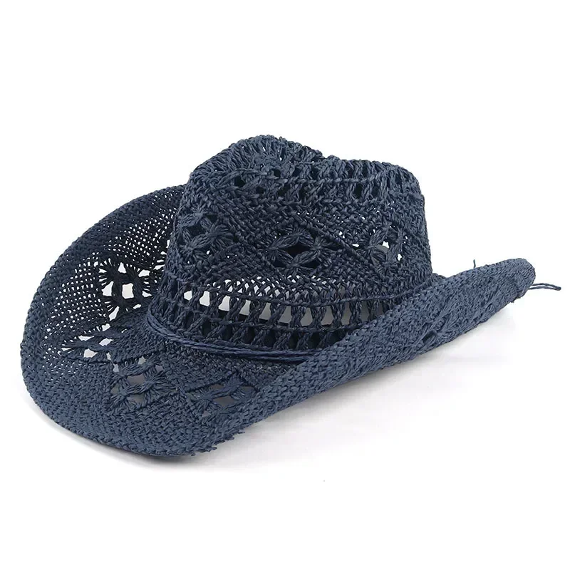 Estate Outdoor uomo donna cappelli di paglia da Cowboy occidentali intrecciati a mano cappello di protezione solare da spiaggia traspirante a tesa larga