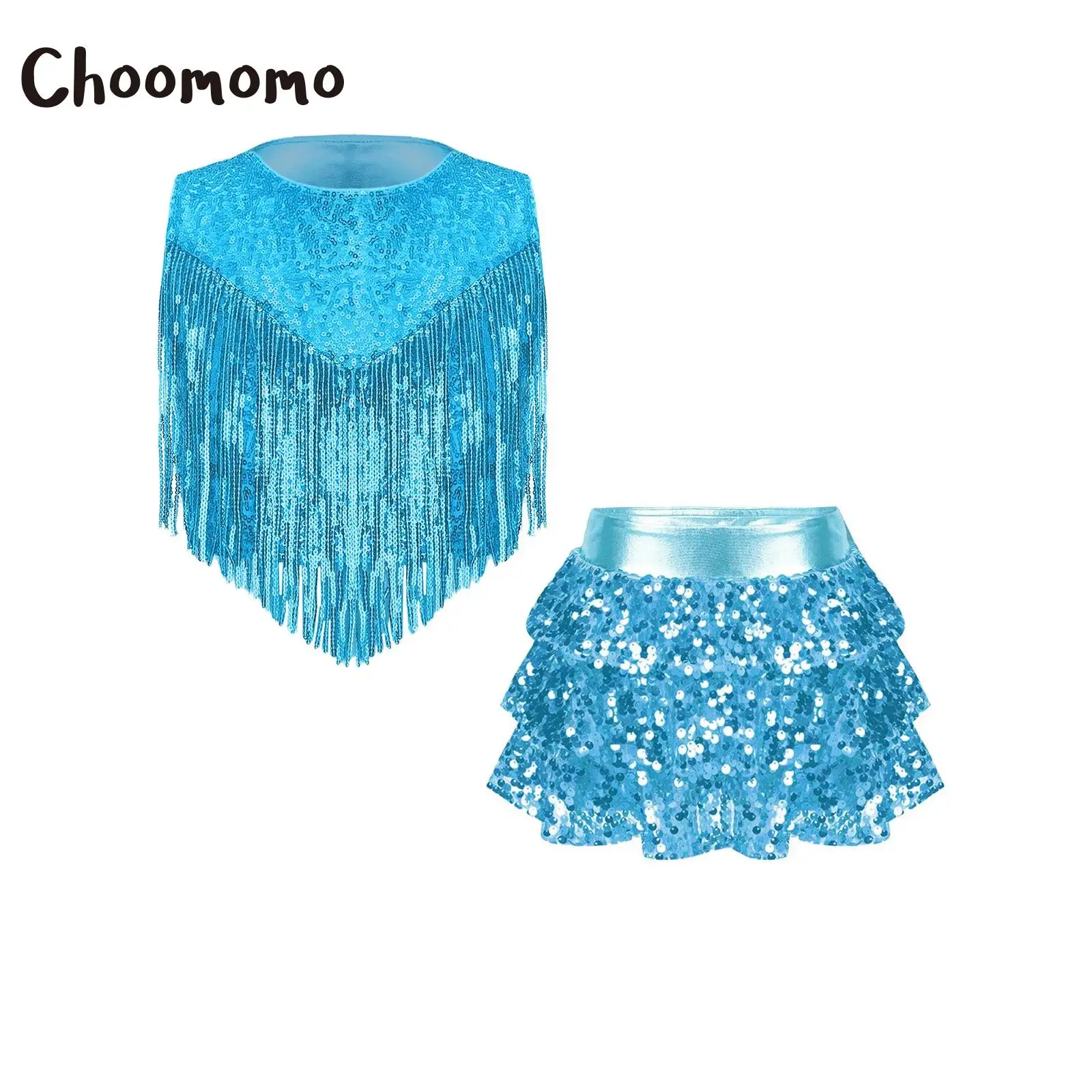 

Kids Girls Jazz Dance Outfit 70S Disco Costumes Metallic Sequin Tassels Crop Top with Tiered Ruffle Skirted Shorts Culottes Sets