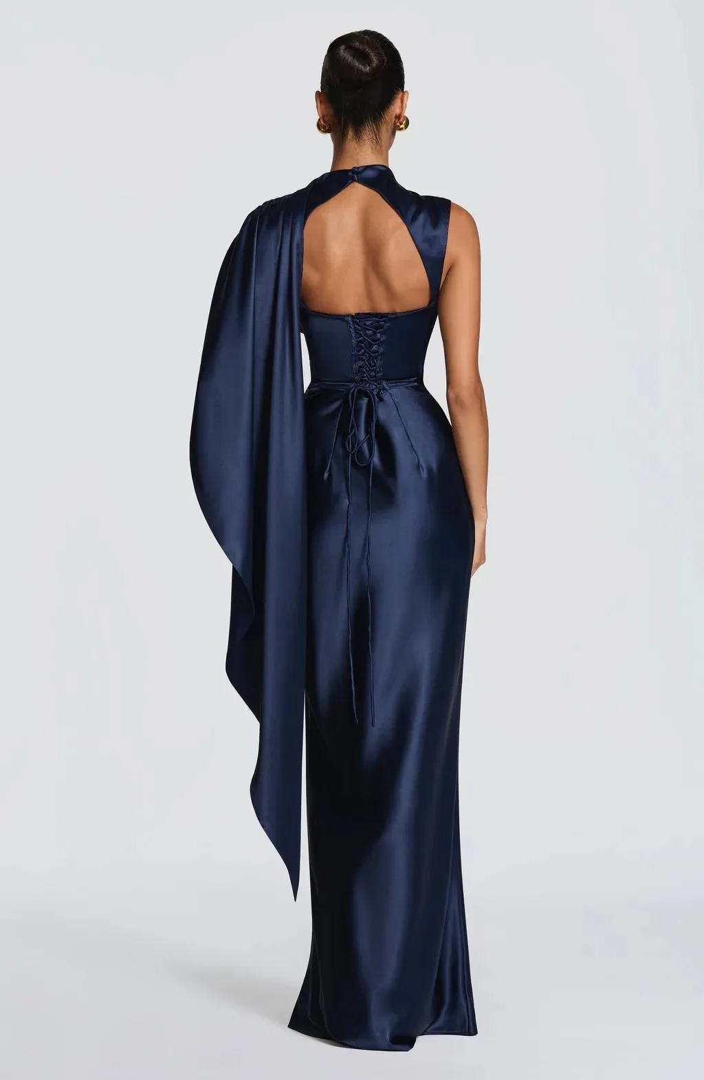 Women High Neck Satin Mermaid Evening Dress Cape Sleeve Draped Ruched Corset Lace‑Up Back Long Formal Bridesmaid Gown