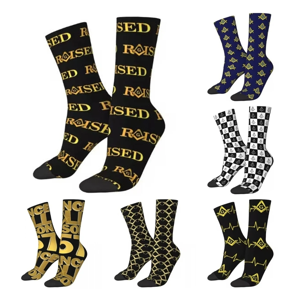 Happy Funny Men's Socks Raised Square & Compass Masonic Freemason Sock Polyester Sport Women's Socks Spring Summer Autumn Winter