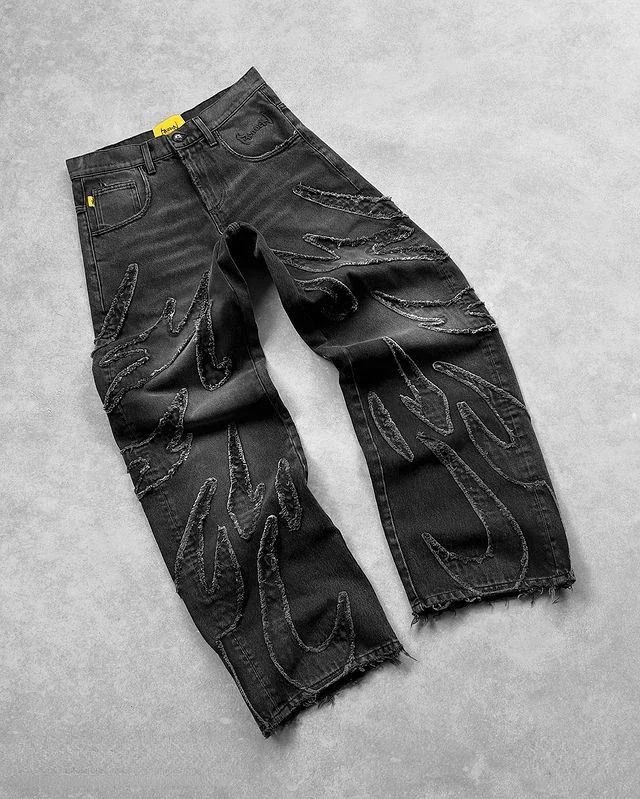 Pantalones vaqueros holgados Y2k para hombre, pantalones negros rasgados Retro desgastados de Hip Hop, bordado de gran tamaño, pantalones góticos Punk de pierna ancha, ropa de calle