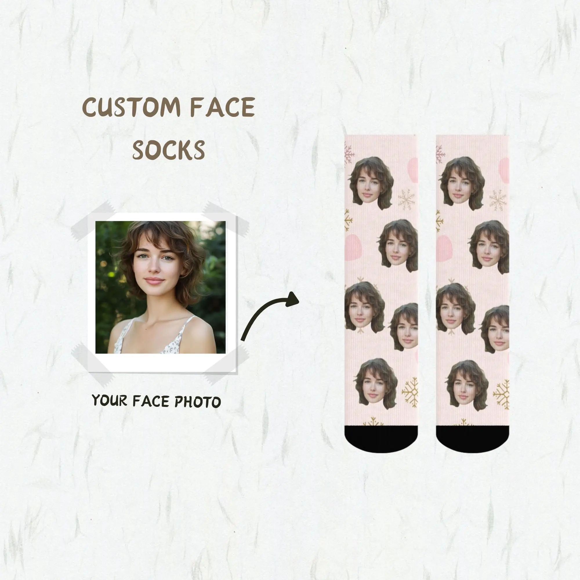 

Romantic Personalized Custom Face & Gold Snowflake Christmas Socks Light Pink with Pink Dots & Black Toe Gentle Holiday Gift